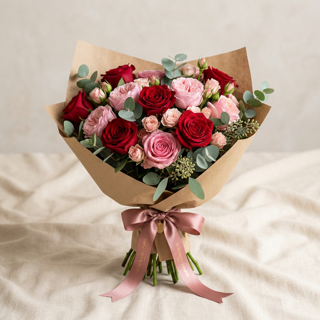 Classic Rose Bouquet - 12 long-stem red and pink roses wrapped in kraft paper