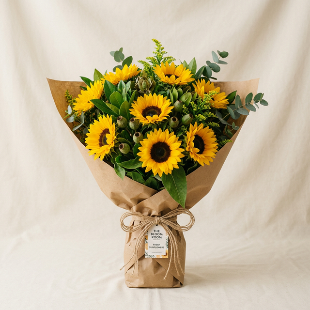 Sunshine Sunflower Bunch - bright yellow sunflowers with green leaves
